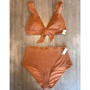 NWT Aerie 2-Piece Waffle Scalloped Bikini Top & High Waisted Bottoms Women Large